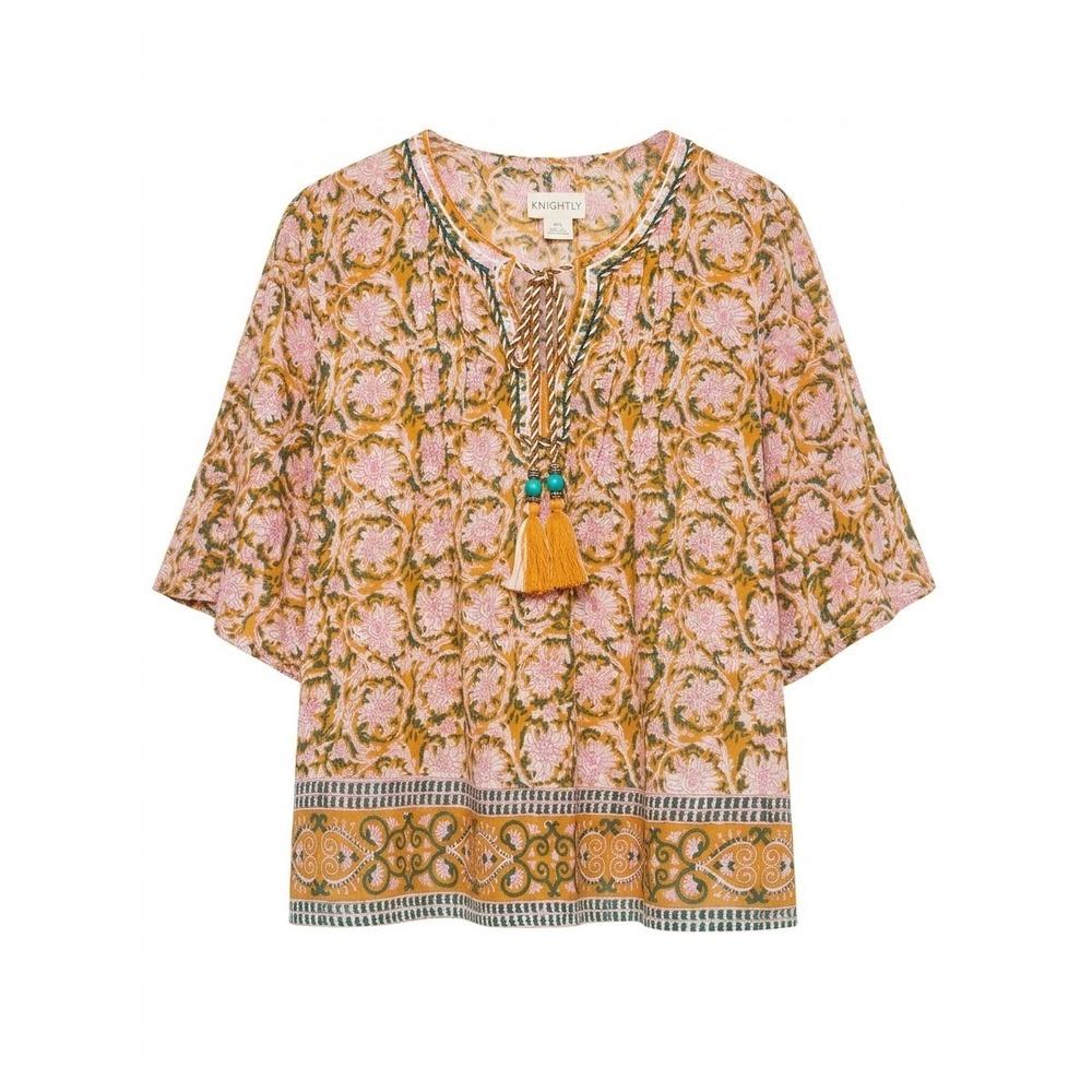 Sigrid Olsen Blouse Women Small Orange Floral Block Print Tassel Peasant Top